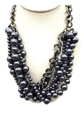 Fabulous Multi Strand Glass Pearl and Chunky Chain Twist Necklace, Lustrous